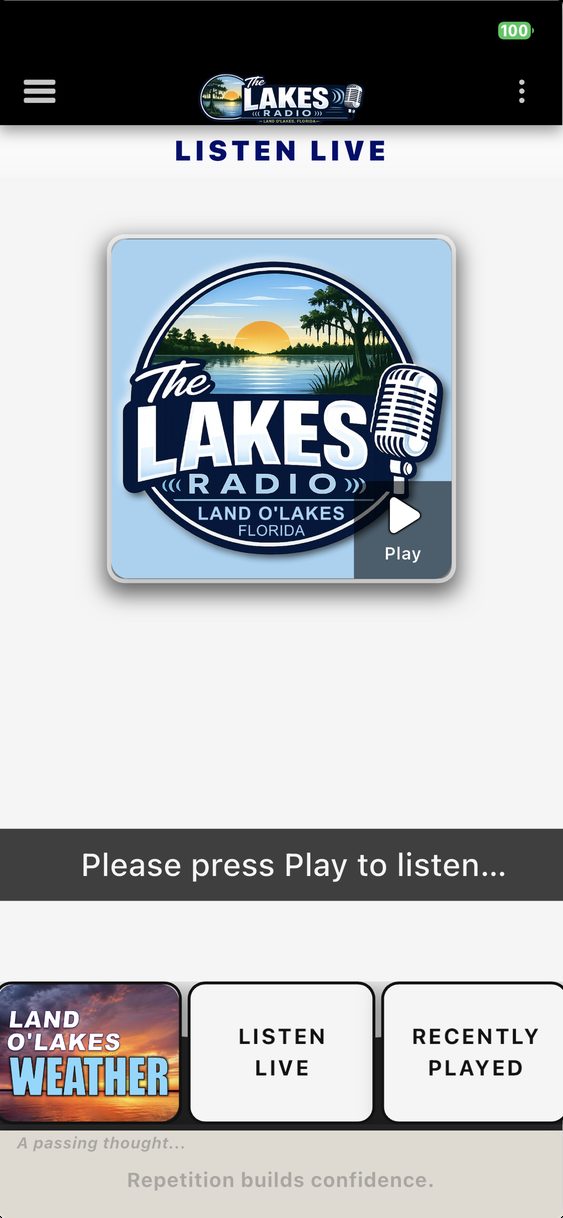 Larry high-contrast interface of The Lakes Radio app — same Listen Live screen rendered in high contrast