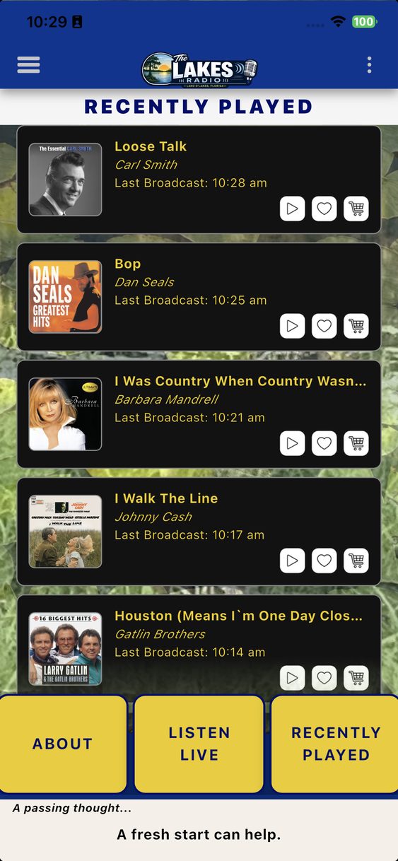 The Lakes Radio app Recently Played screen listing recently broadcast songs with album art