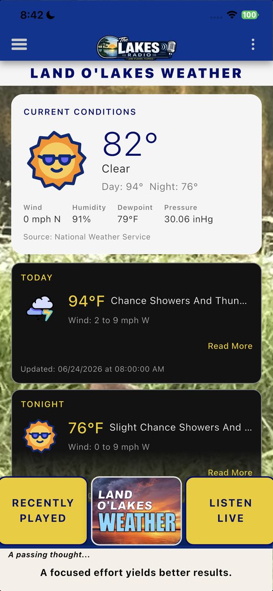 The Lakes Radio local weather page with animated icons and National Weather Service data