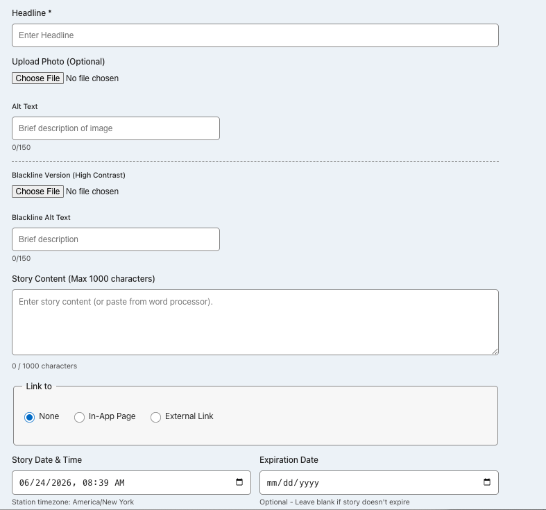Control Room story entry form with headline, photo upload, high-contrast version, and scheduling