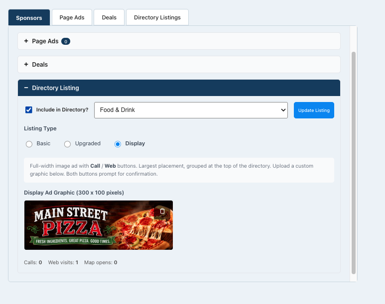 Control Room sponsor and traffic management screen with directory listings and display ads