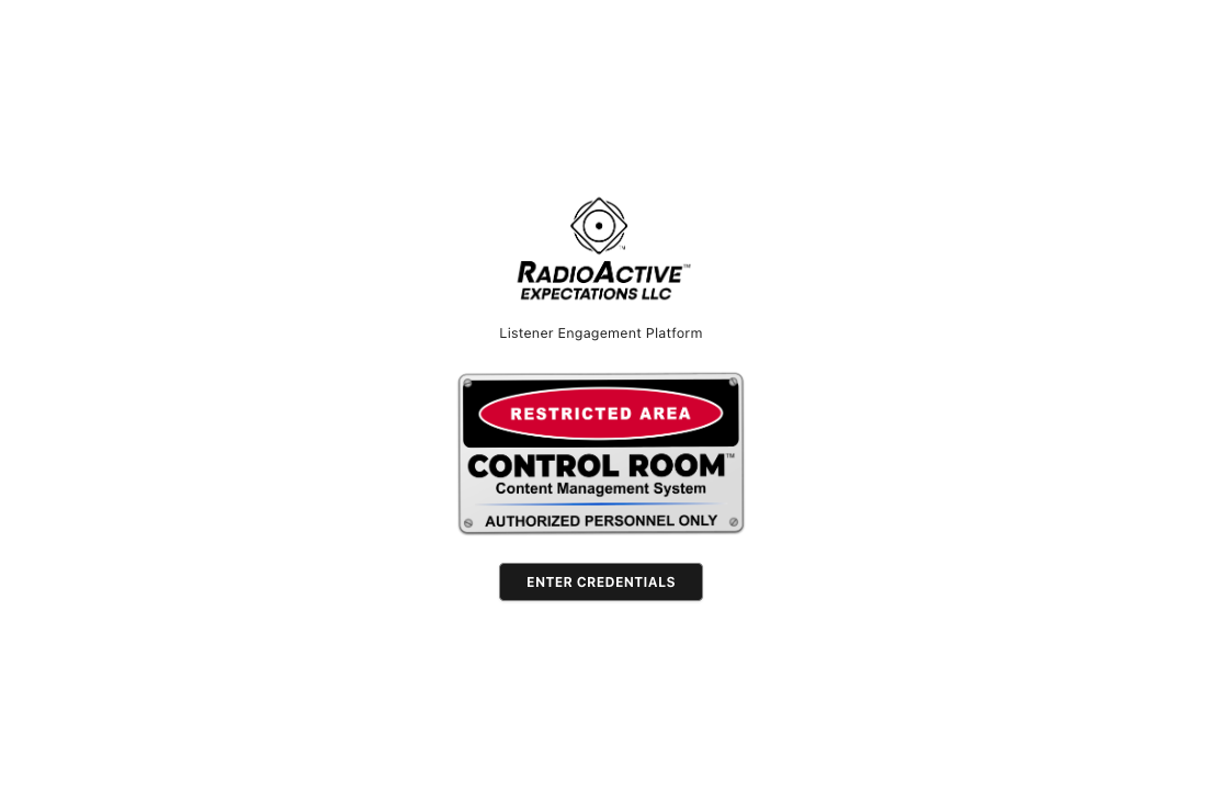 Control Room content management system login screen styled as a broadcast Restricted Area / Authorized Personnel Only control room sign