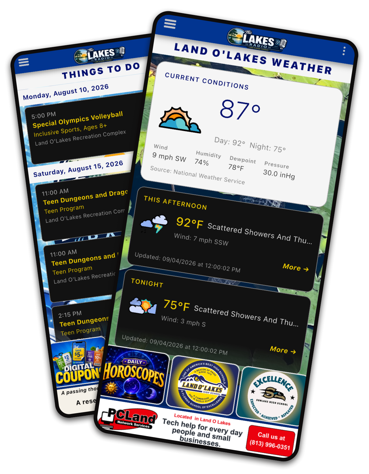 The Lakes Radio weather and Things to Do screens